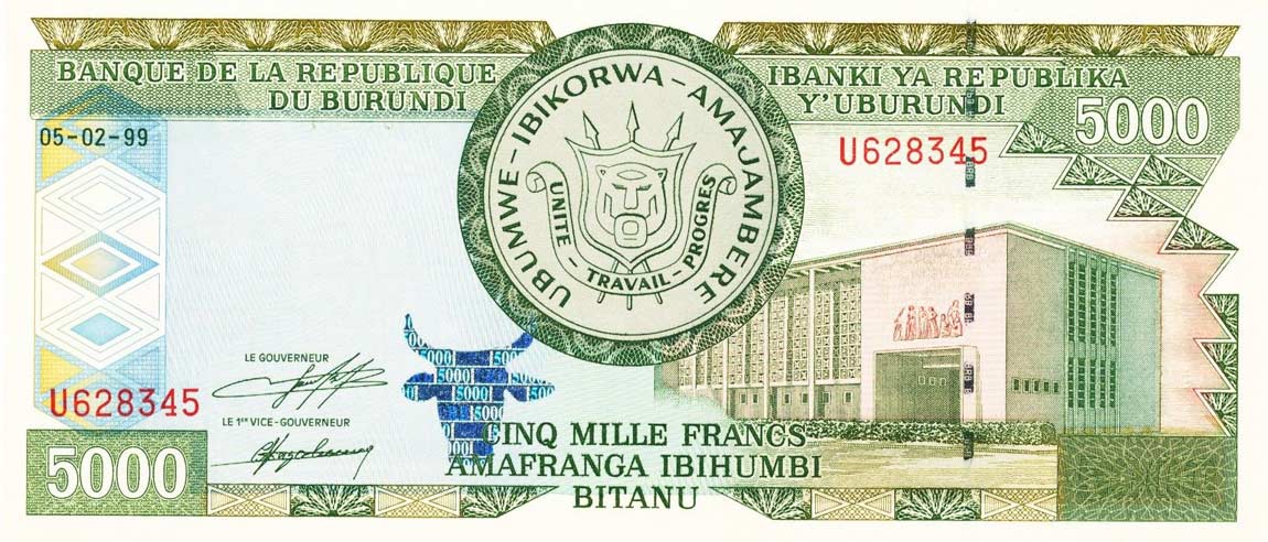 Front of Burundi p42a: 5000 Francs from 1999