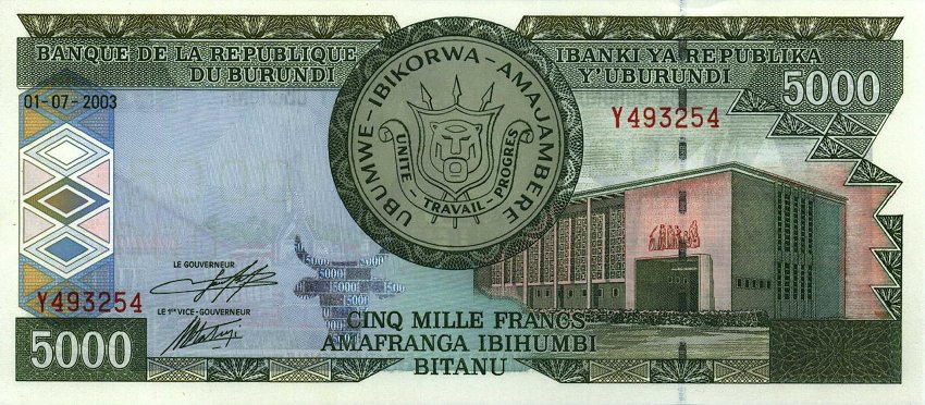 Front of Burundi p42b: 5000 Francs from 2003