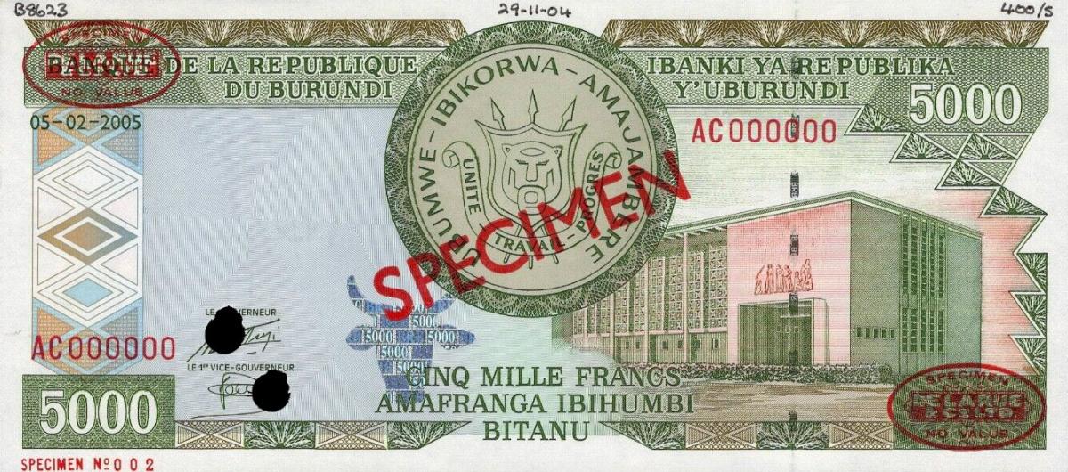 Front of Burundi p42s: 5000 Francs from 1999