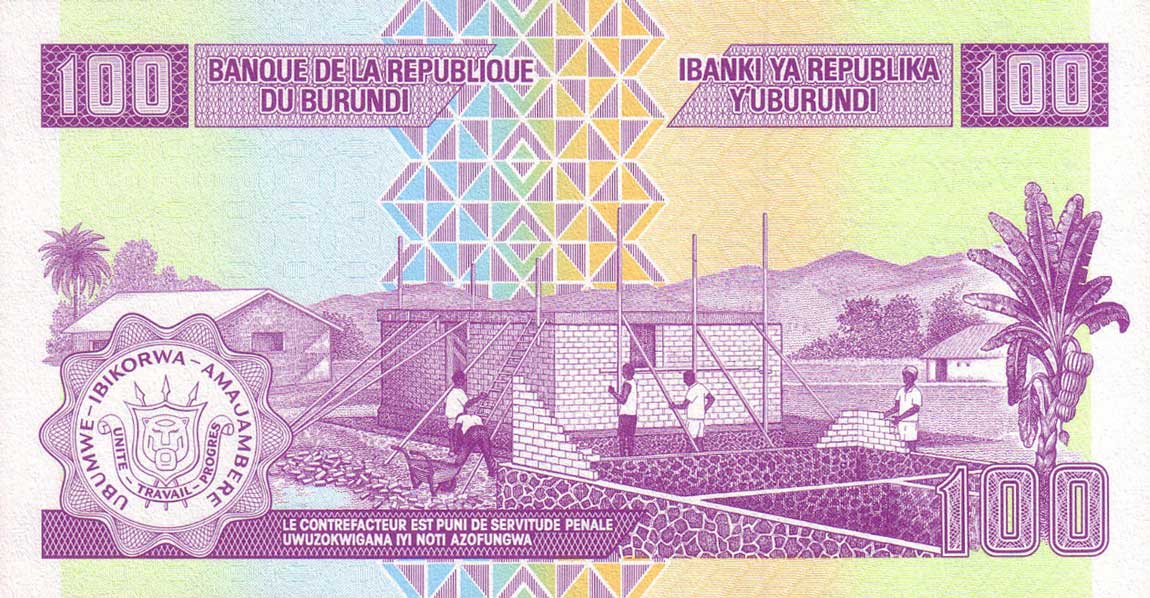 Back of Burundi p44a: 100 Francs from 2010