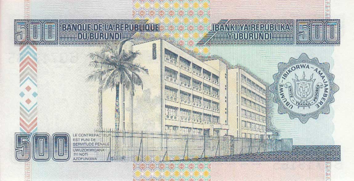 Back of Burundi p45b: 500 Francs from 2011