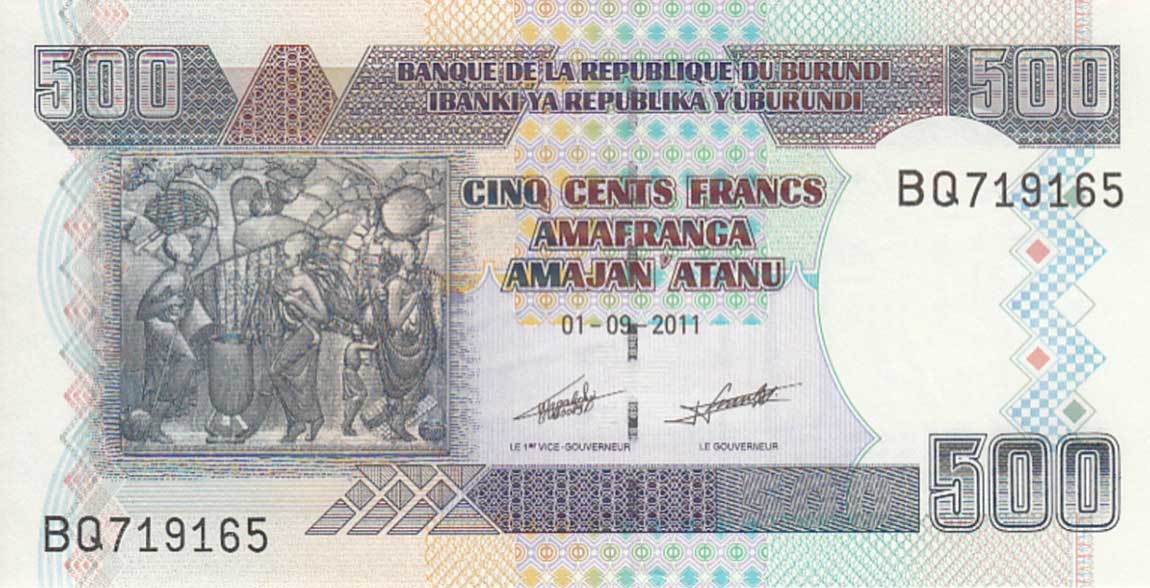 Front of Burundi p45b: 500 Francs from 2011