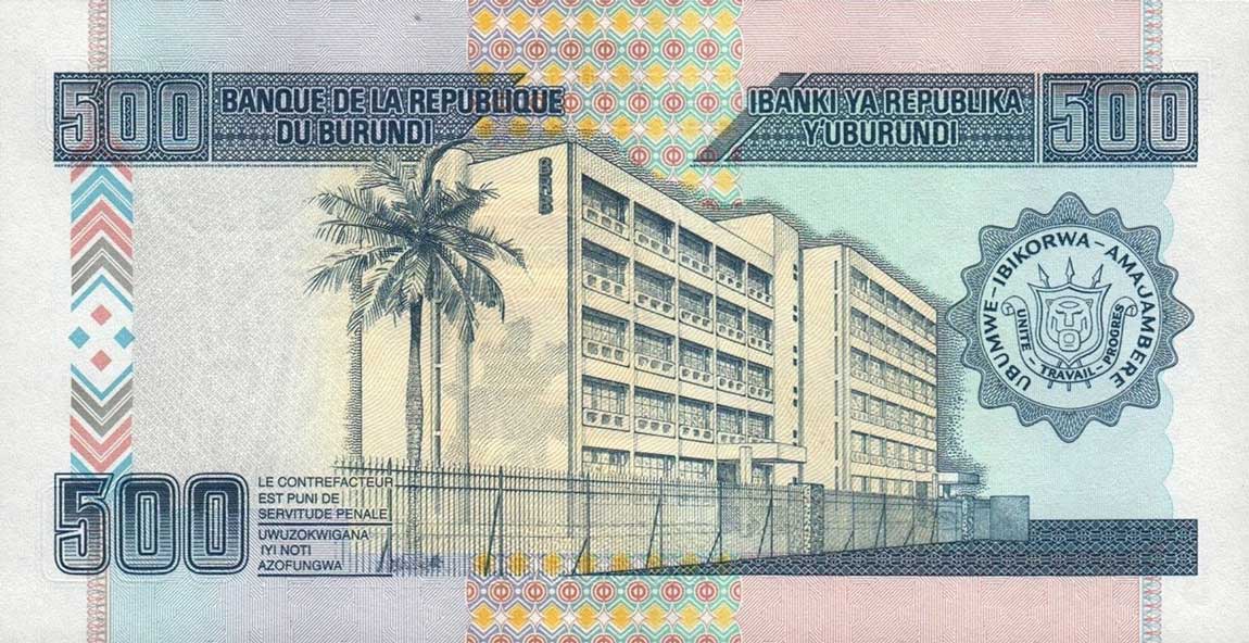 Back of Burundi p45c: 500 Francs from 2013