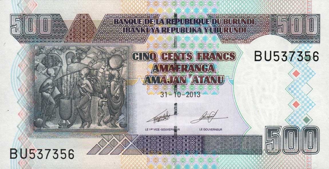 Front of Burundi p45c: 500 Francs from 2013