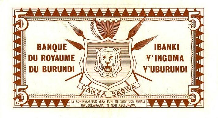 Back of Burundi p8a: 5 Francs from 1964