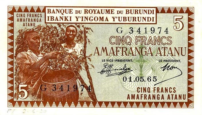 Front of Burundi p8a: 5 Francs from 1964