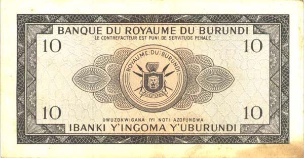 Back of Burundi p9a: 10 Francs from 1964