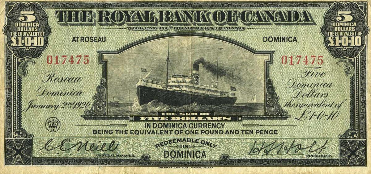 Front of Dominica pS112a: 5 Dollars from 1920