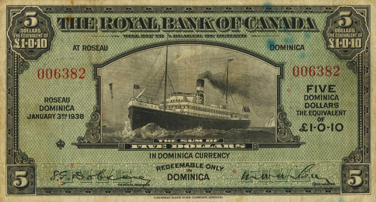 Front of Dominica pS113a: 5 Dollars from 1938