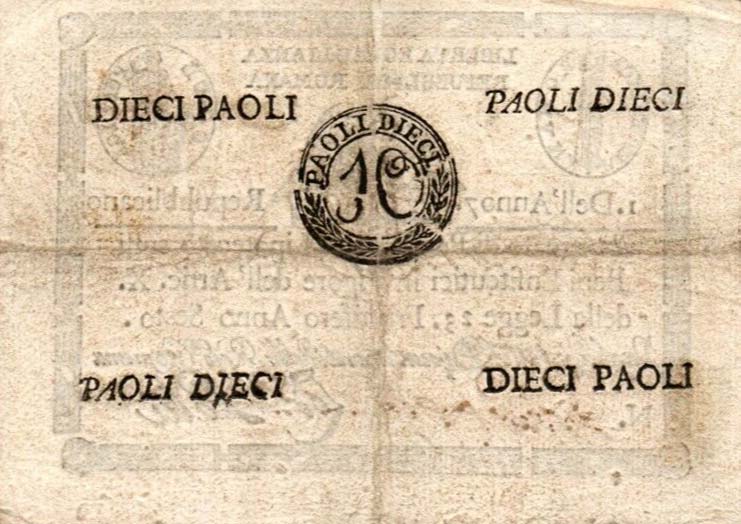 Back of Italian States pS540b: 10 Paoli from 1798