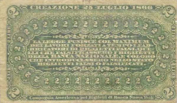 Back of Italian States pS732: 2 Lire from 1869