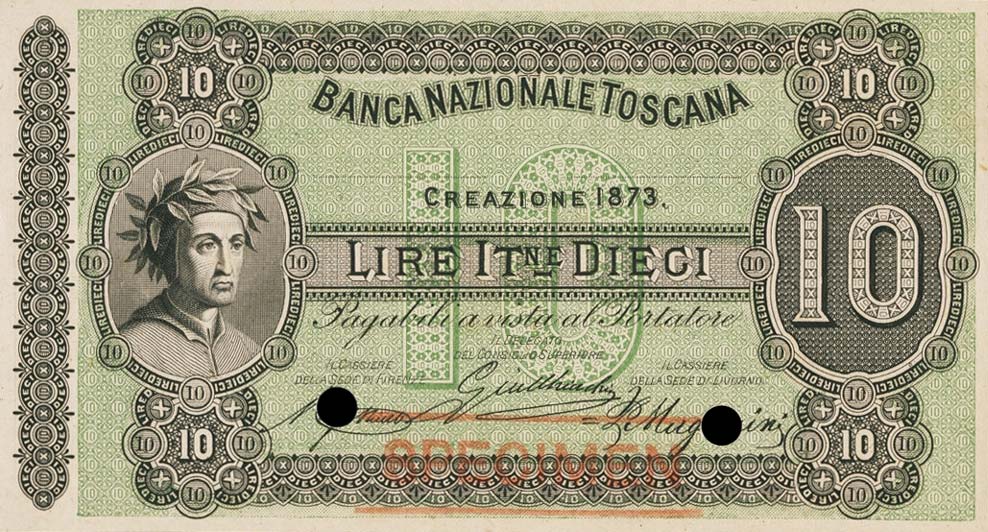 Front of Italian States pS755ct: 10 Lire from 1873