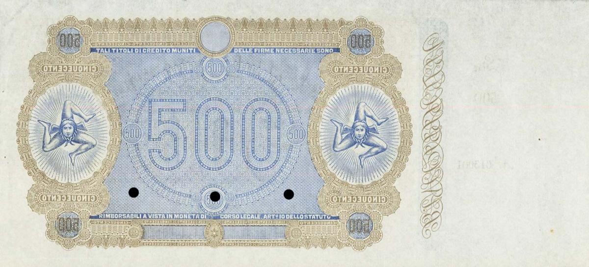 Back of Italian States pS887r: 500 Lire from 1870