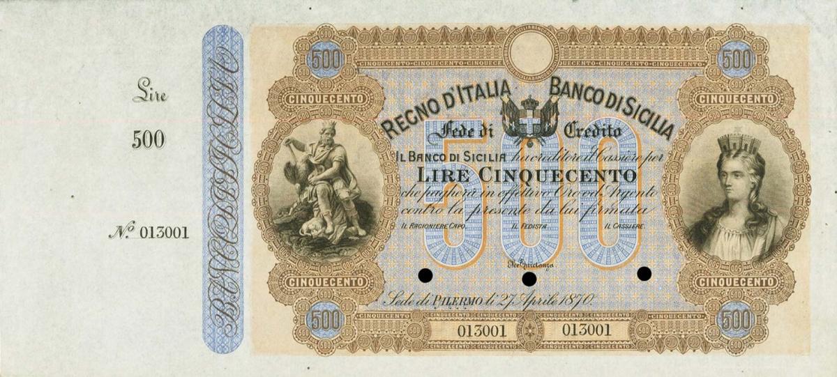 Front of Italian States pS887r: 500 Lire from 1870