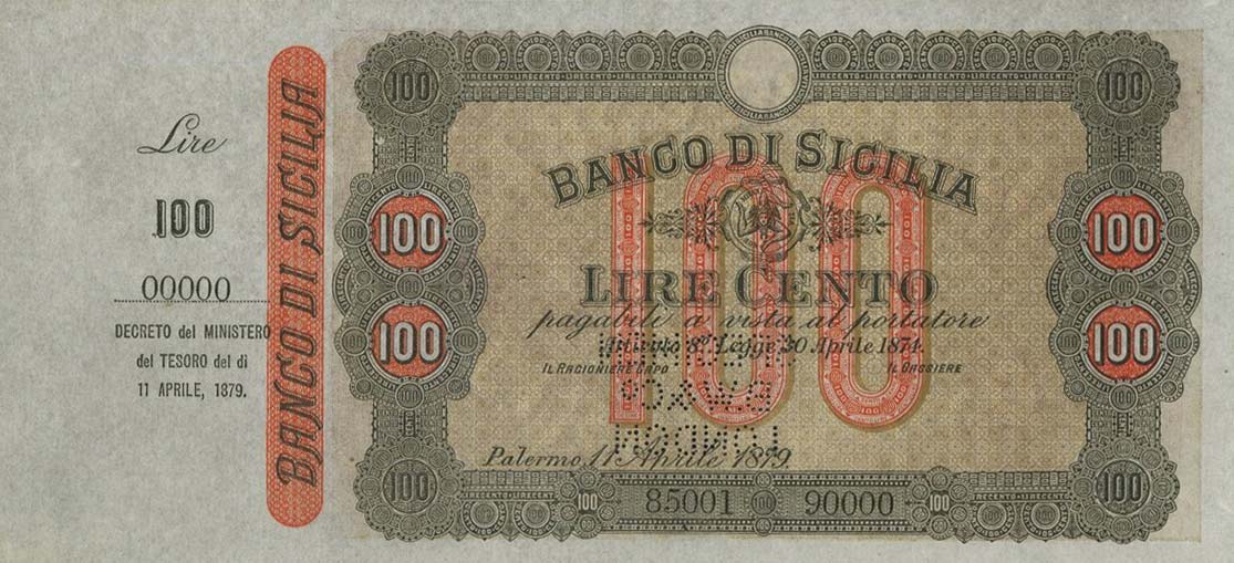 Front of Italian States pS891s: 100 Lire from 1879