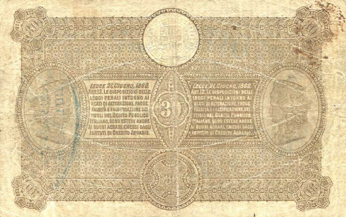 Back of Italian States pS925: 30 Lire from 1874