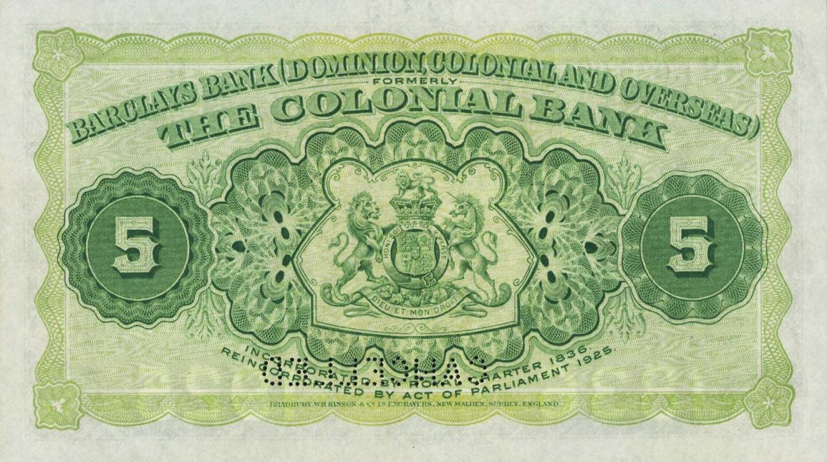 Back of Saint Kitts pS111: 5 Dollars from 1900