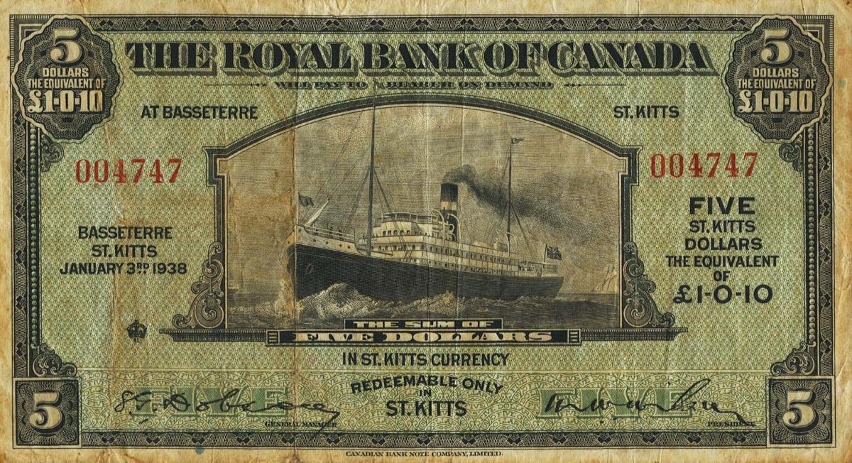Front of Saint Kitts pS126a: 5 Dollars from 1938
