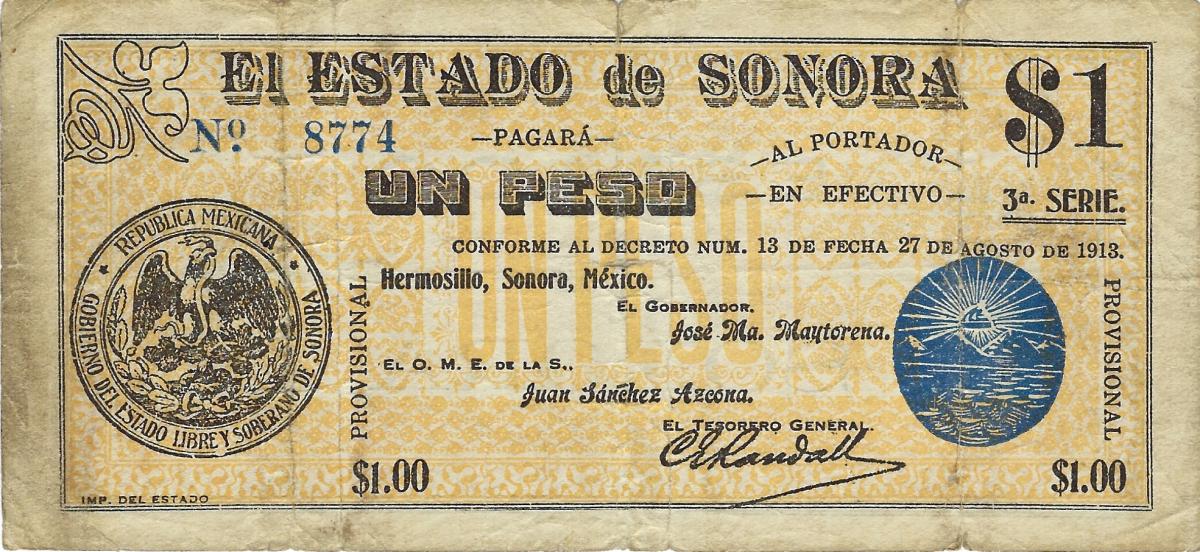 Front of Mexico, Revolutionary pS1066c: 1 Peso from 1913