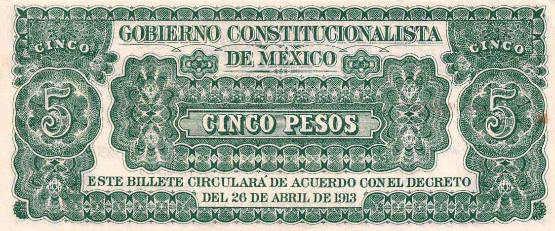 Back of Mexico, Revolutionary pS627: 5 Pesos from 1913