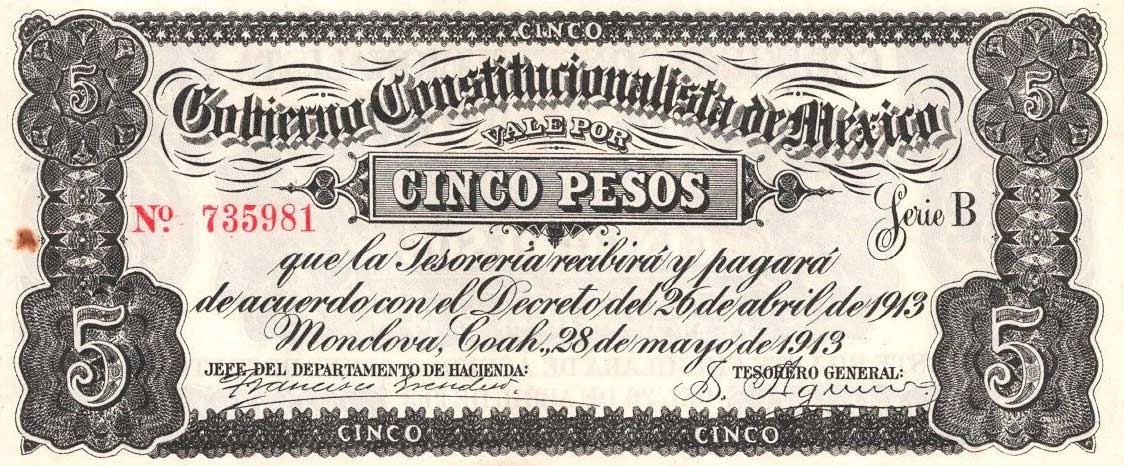 Front of Mexico, Revolutionary pS627: 5 Pesos from 1913