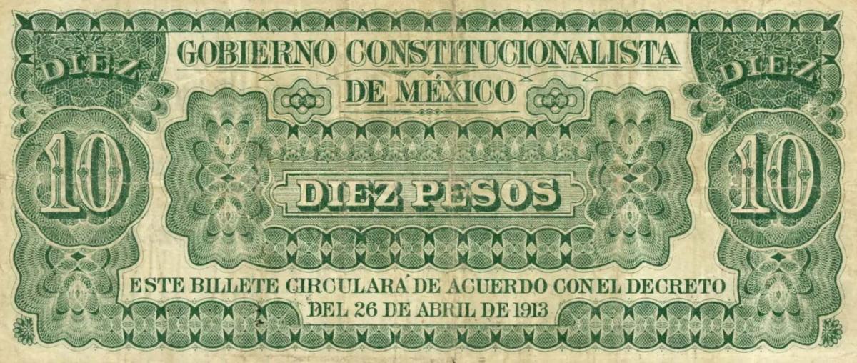 Back of Mexico, Revolutionary pS629: 10 Pesos from 1913