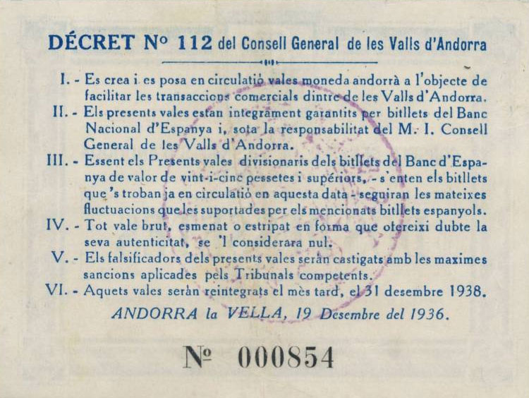 Back of Andorra p2: 2 Pessetes from 1936