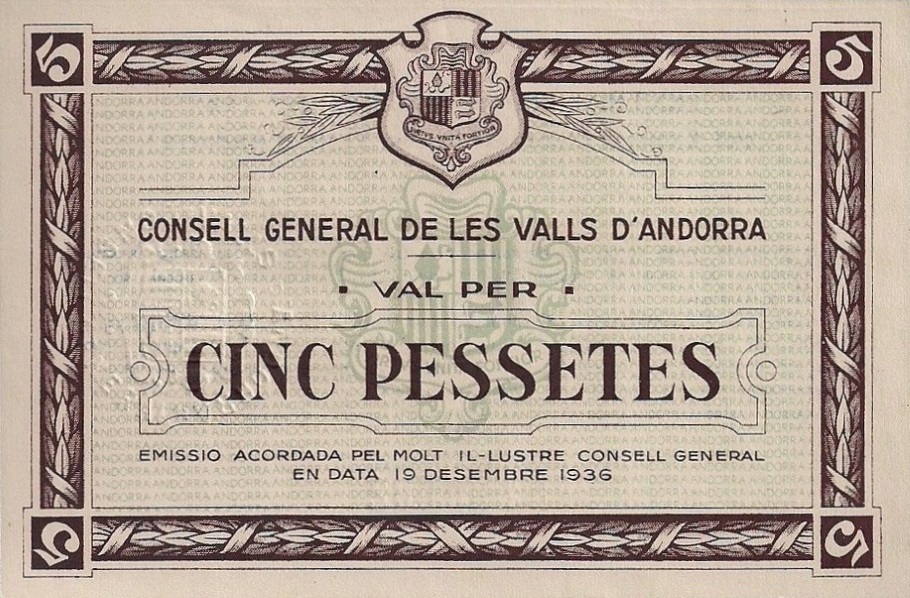 Front of Andorra p8: 5 Pessetes from 1936