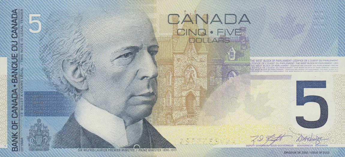 Front of Canada p101a: 5 Dollars from 2002