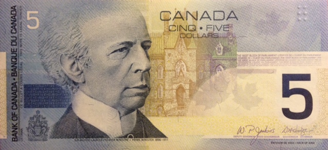 Front of Canada p101c: 5 Dollars from 2002