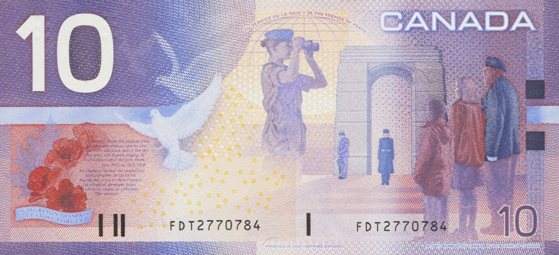 Back of Canada p102a: 10 Dollars from 2001