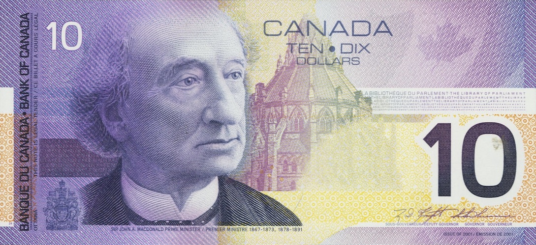 Front of Canada p102a: 10 Dollars from 2001