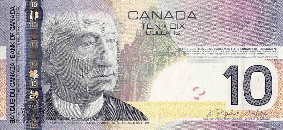 Front of Canada p102e: 10 Dollars from 2004