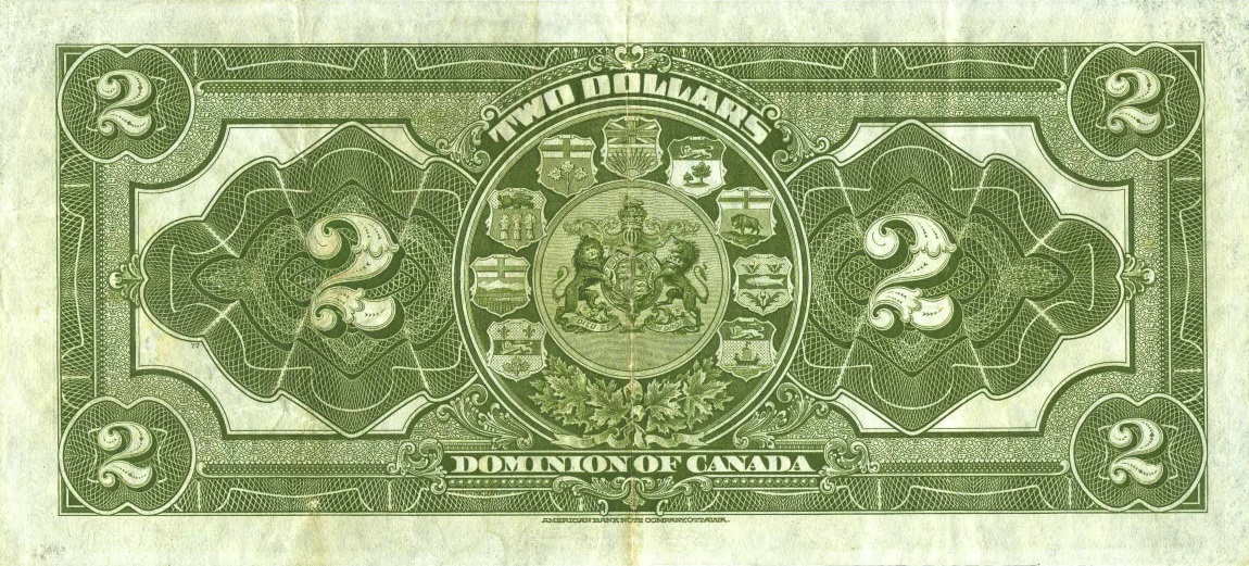 Back of Canada p30c: 2 Dollars from 1914