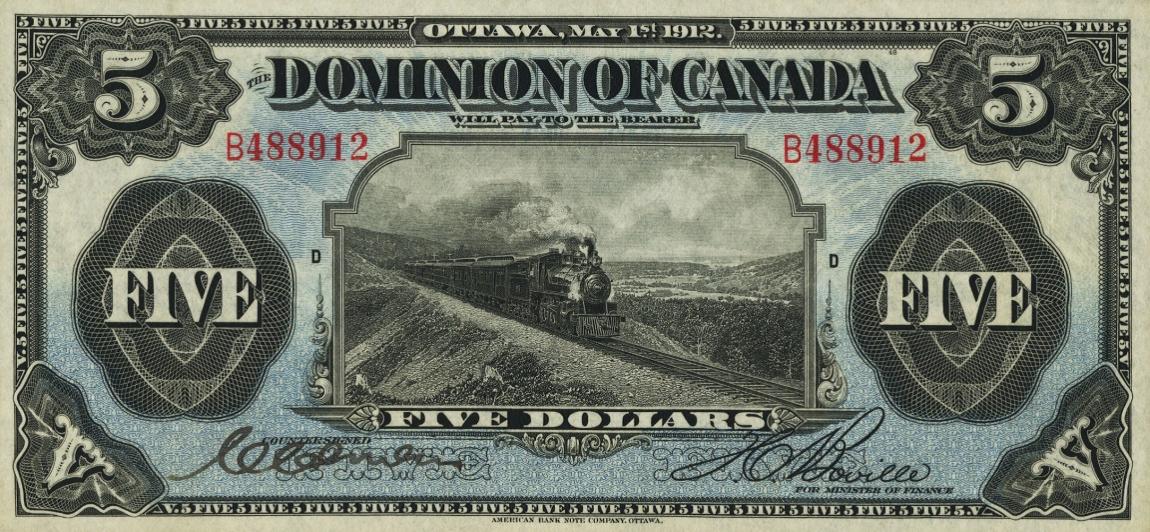 Front of Canada p31c: 5 Dollars from 1912