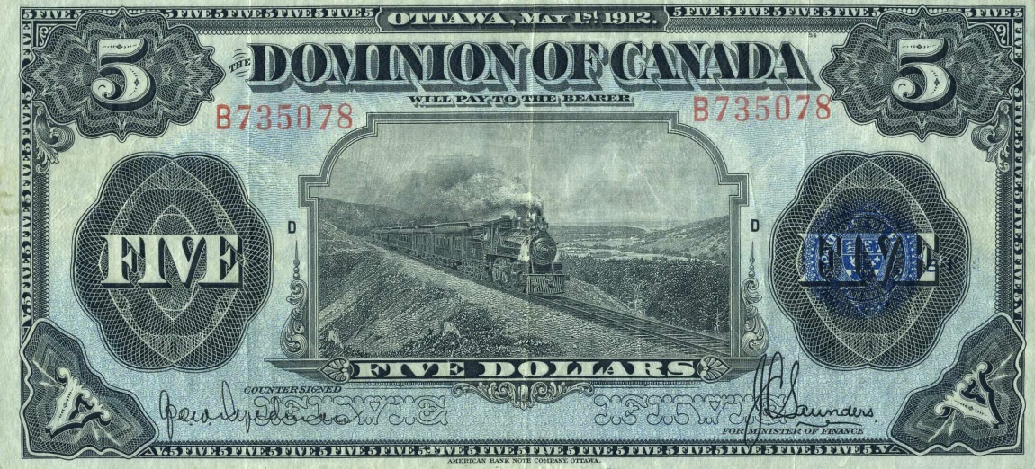 Front of Canada p31e: 5 Dollars from 1912