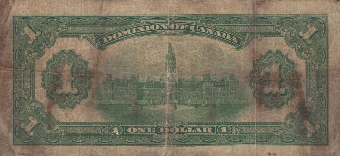 Back of Canada p32c: 1 Dollar from 1917