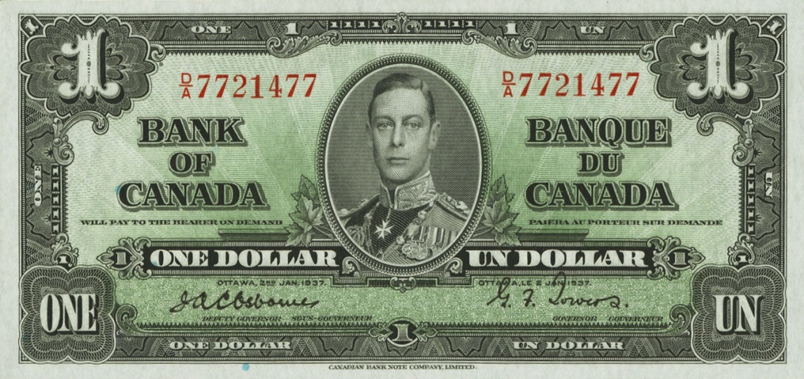 Front of Canada p58a: 1 Dollar from 1937