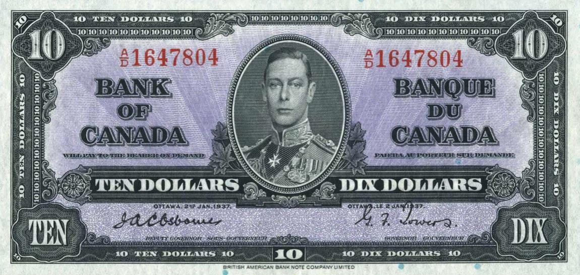 Front of Canada p61a: 10 Dollars from 1937