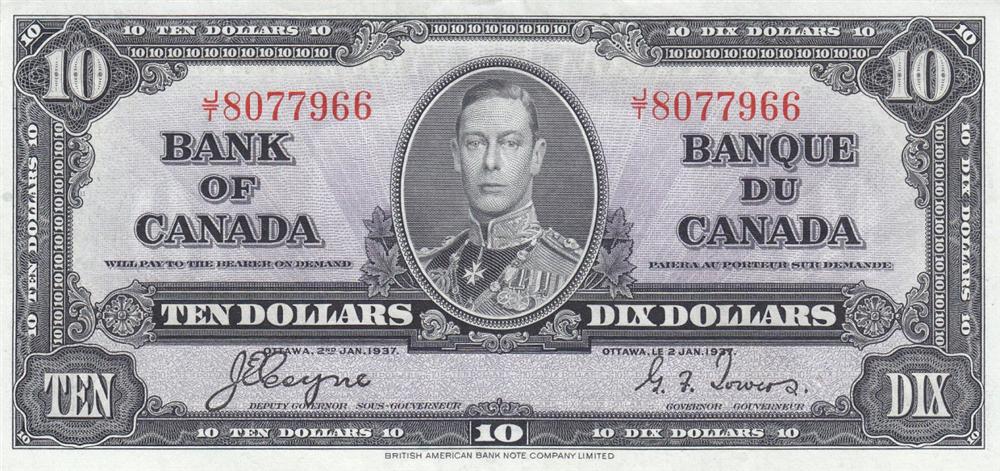 Front of Canada p61c: 10 Dollars from 1937