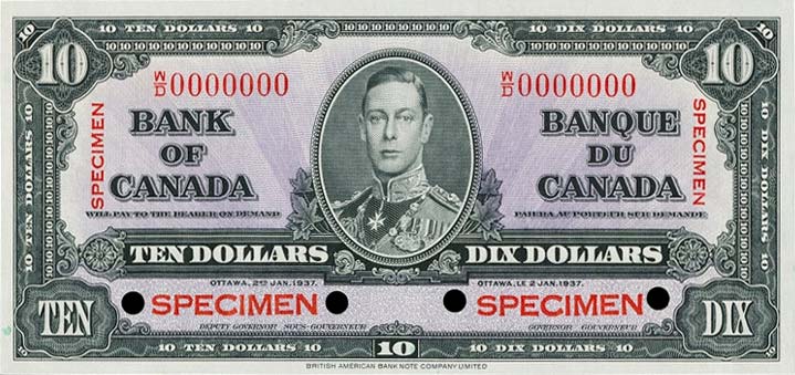 Front of Canada p61s: 10 Dollars from 1937