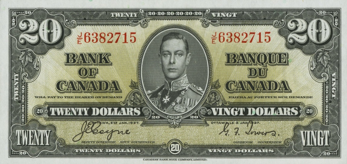 Front of Canada p62c: 20 Dollars from 1937