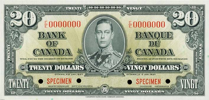 Front of Canada p62s: 20 Dollars from 1937