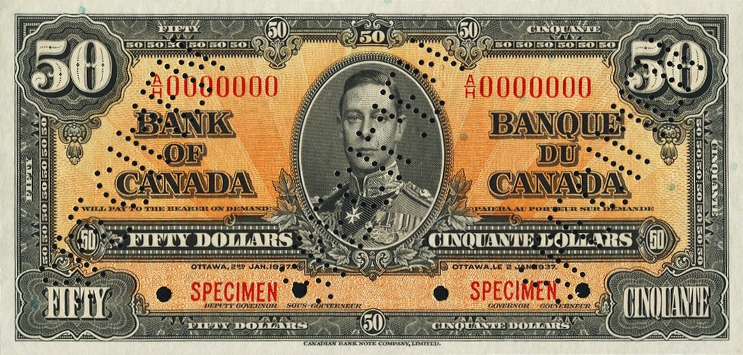 Front of Canada p63s: 50 Dollars from 1937