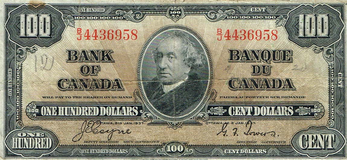 Front of Canada p64c: 100 Dollars from 1937