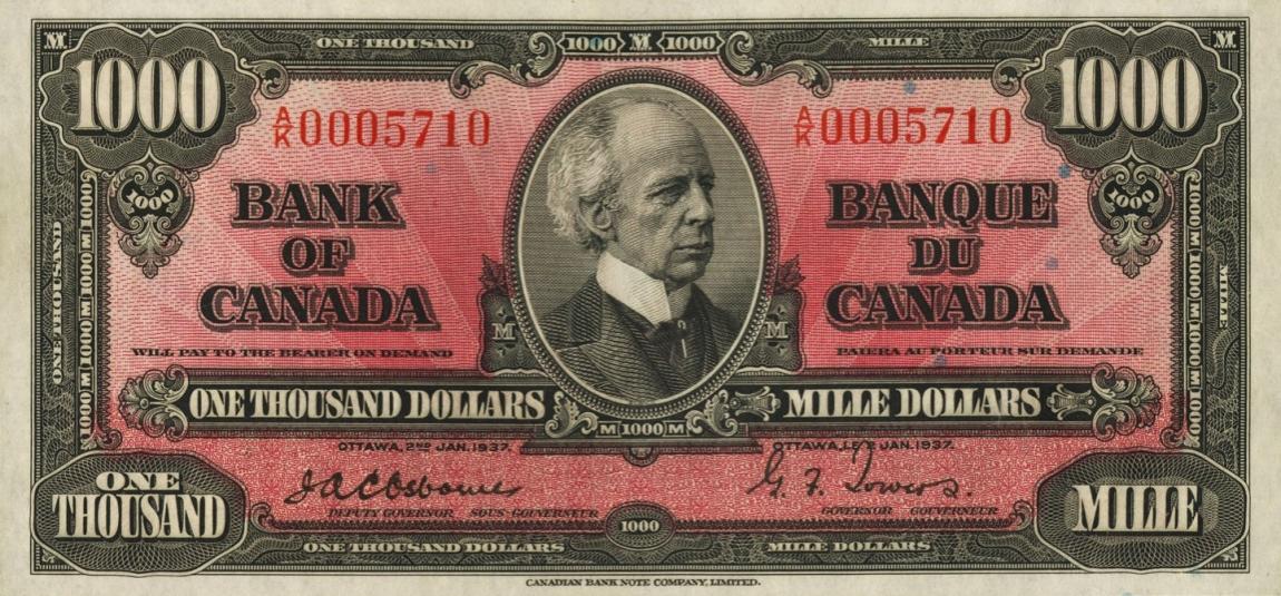 Front of Canada p65a: 1000 Dollars from 1937