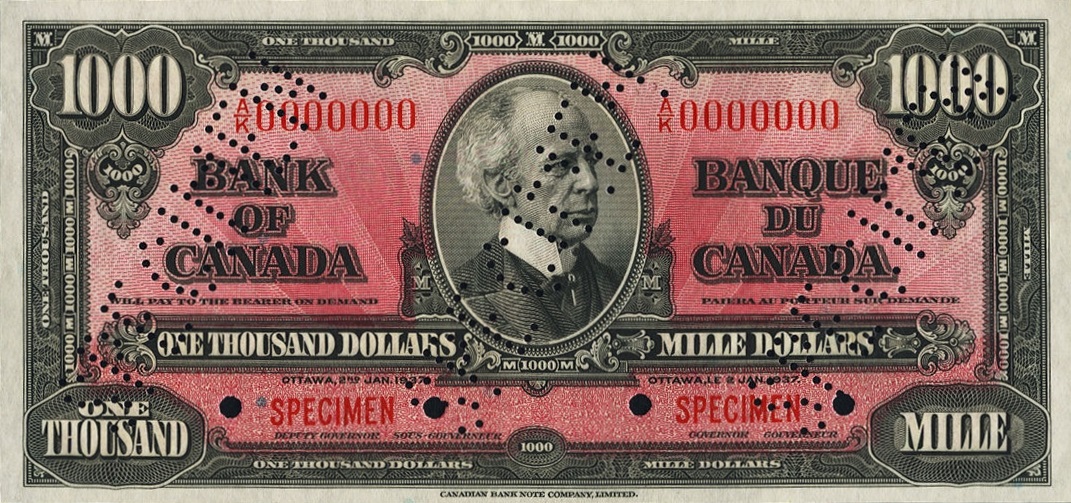 Front of Canada p65s: 1000 Dollars from 1937