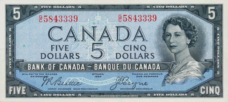 Front of Canada p68b: 5 Dollars from 1954