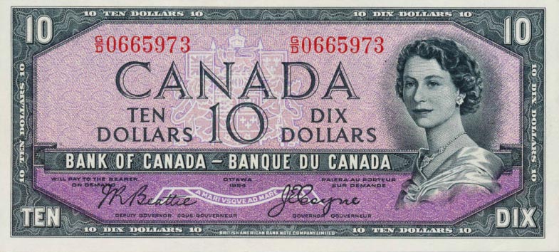 Front of Canada p69b: 10 Dollars from 1954
