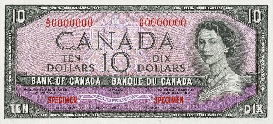 Front of Canada p69s: 10 Dollars from 1954